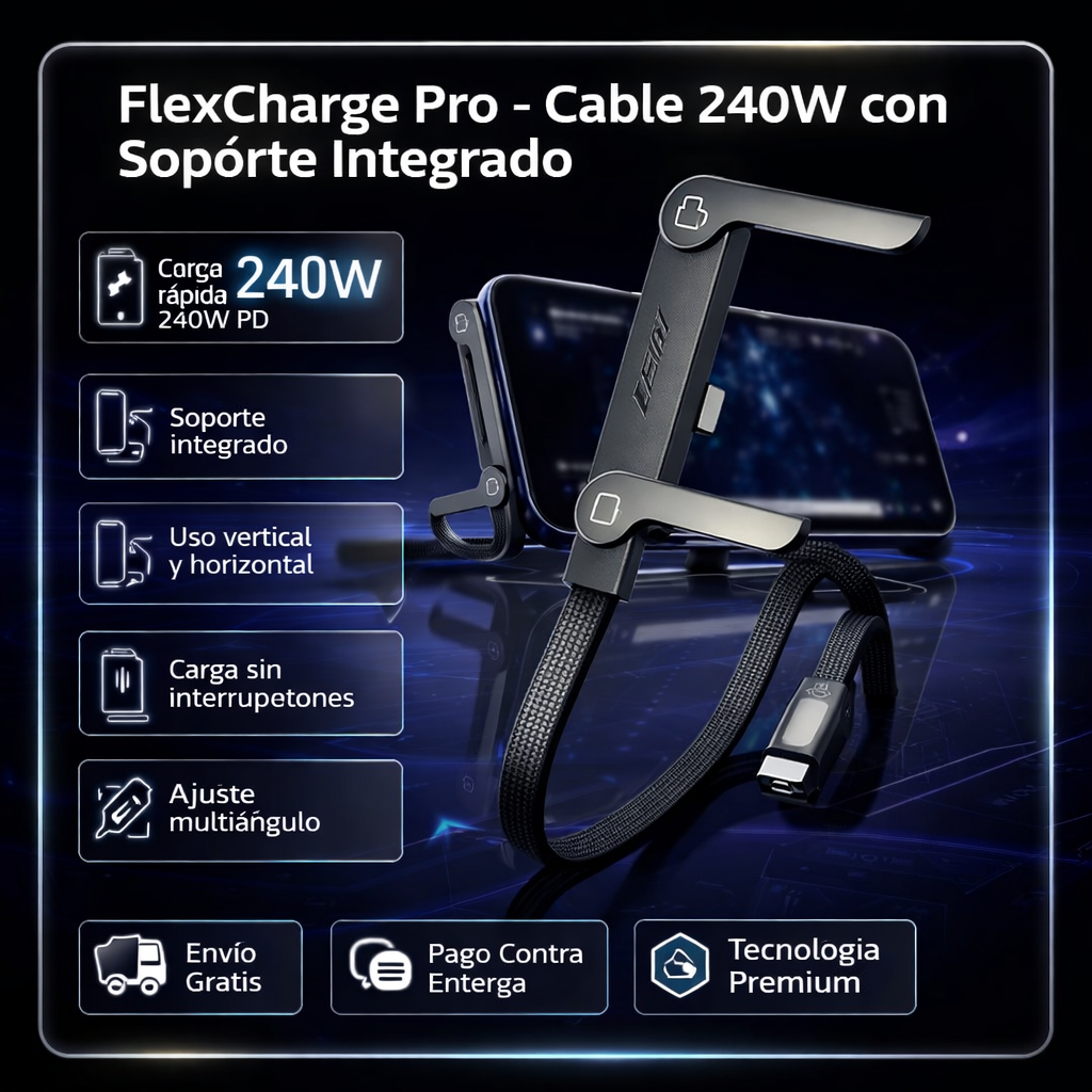 FlexCharge Pro™ – Cable de Carga 240W con Soporte Integrado