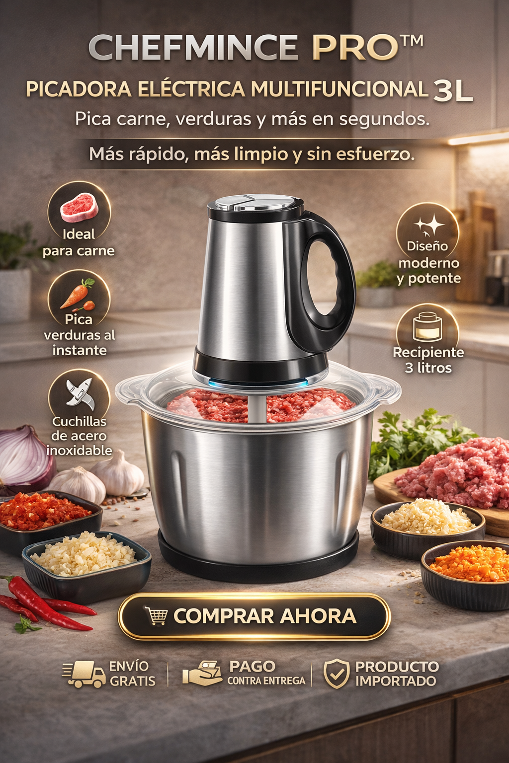 CHEFMINCE PRO™ PICADORA ELÉCTRICA MULTIFUNCIONAL 3L