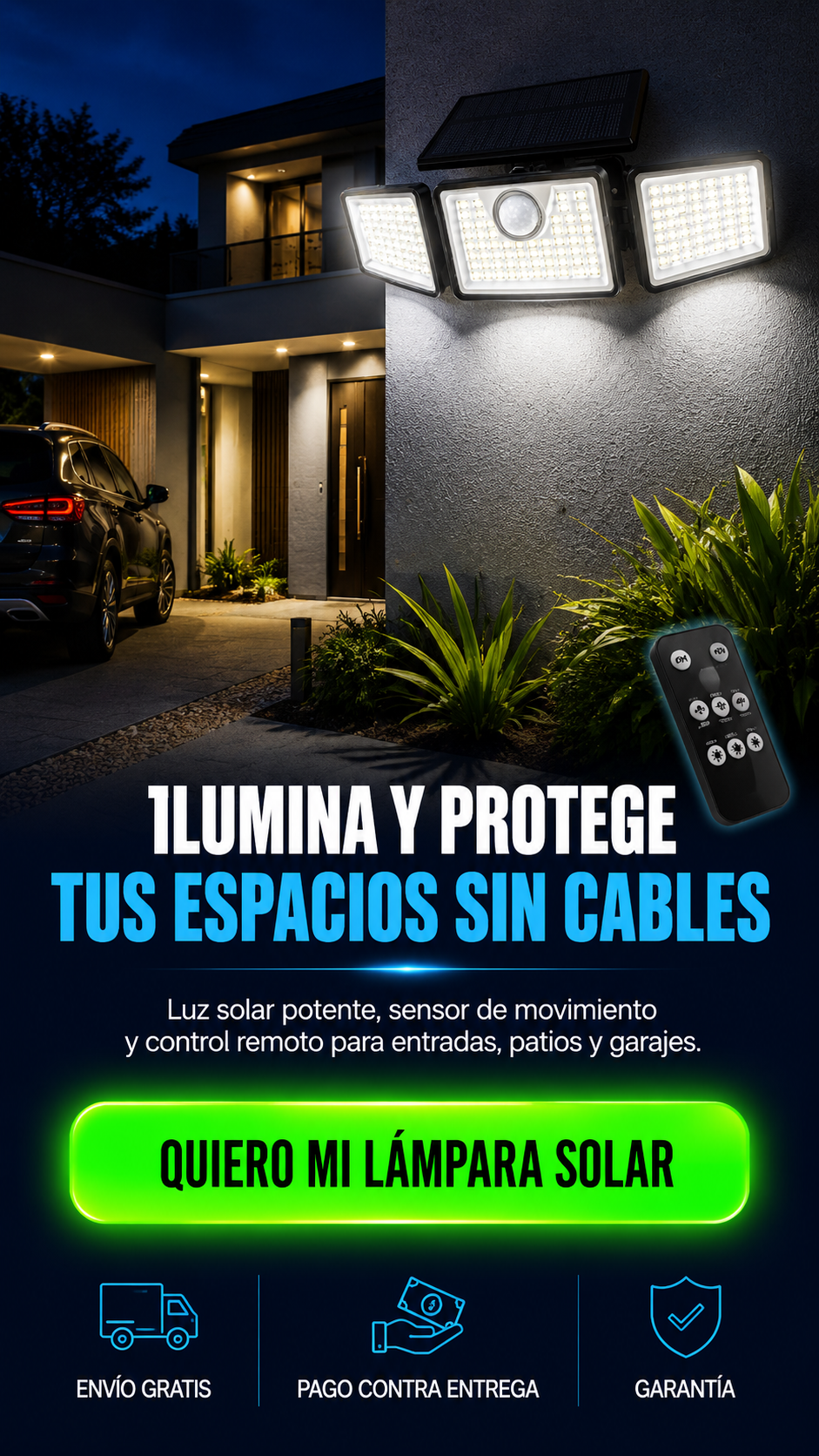 LÁMPARA SOLAR 3 EN 1-Tres cabezales ajustables, iluminación potente y sensor inteligente para proteger e iluminar cualquier espacio exterior.
