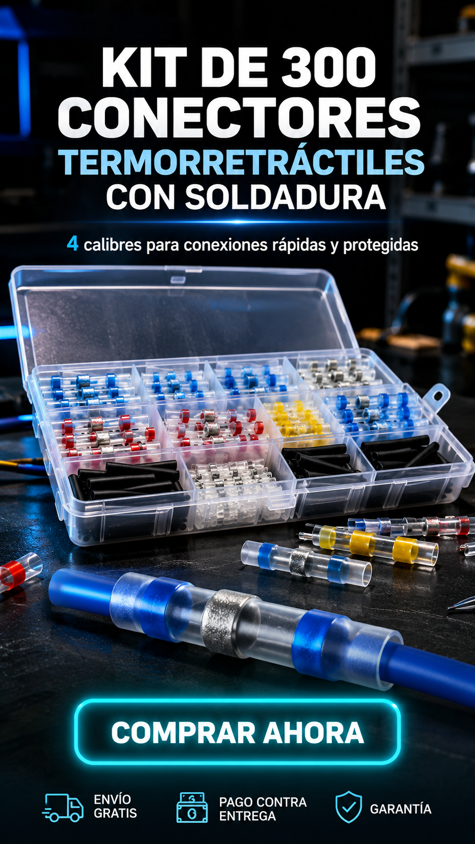 KIT DE CONECTORES TERMORRETRÁCTILES CON SOLDADURA 300 PCS-Empalmes rápidos, limpios y protegidos con solo aplicar calor.