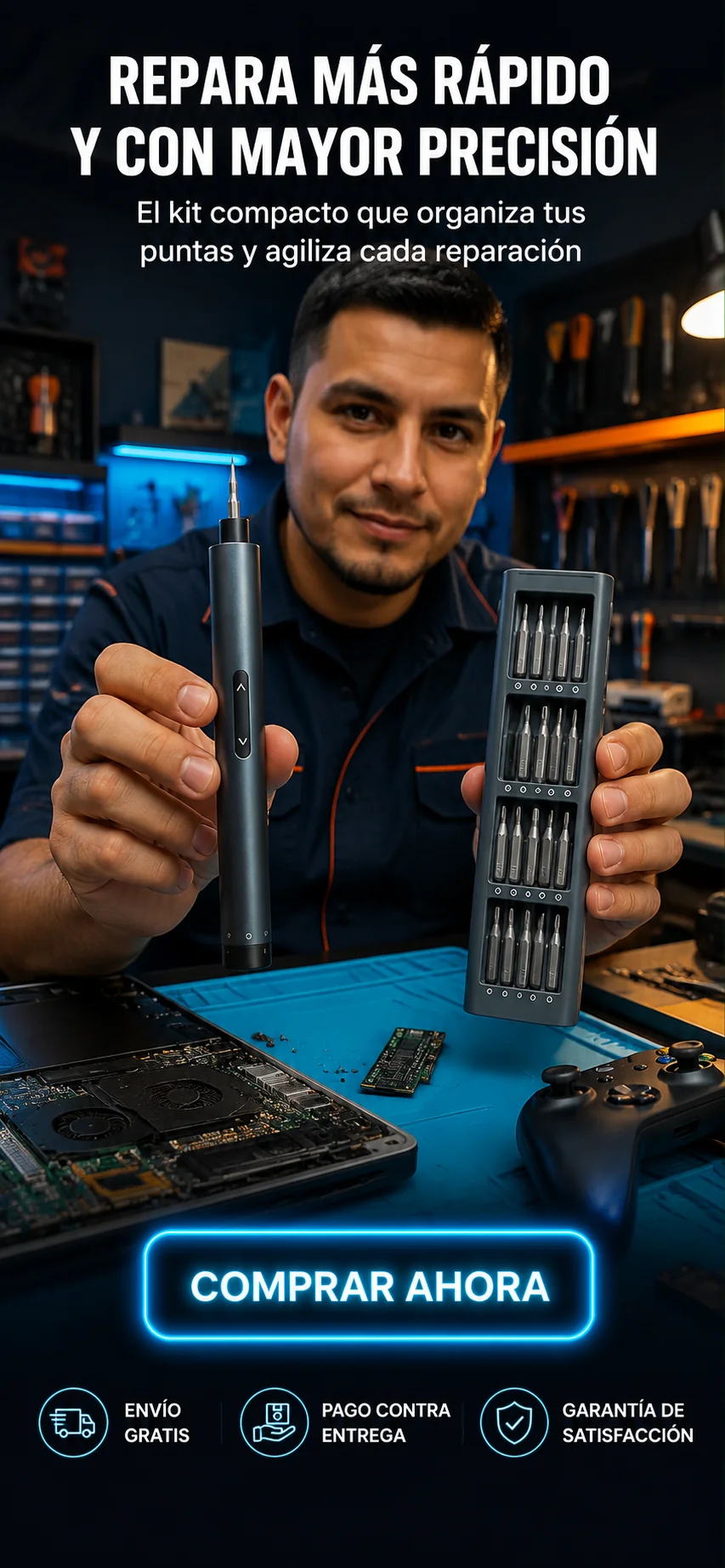 Destornillador Eléctrico de Precisión con Kit de Puntas-Todo lo que necesitas para reparaciones de precisión.