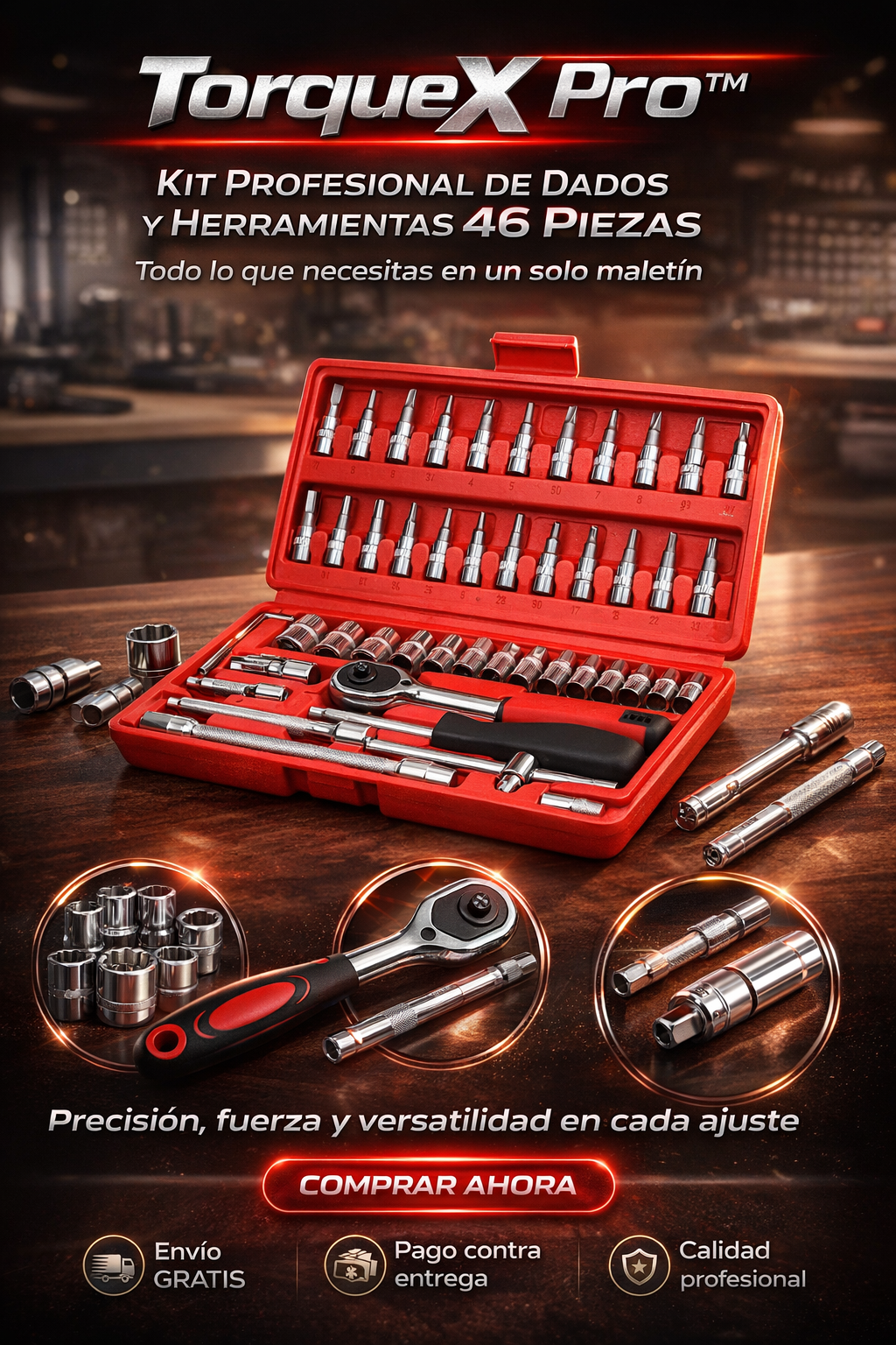 TorqueX Pro™ - Kit Profesional de Dados y Herramientas 46 Piezas