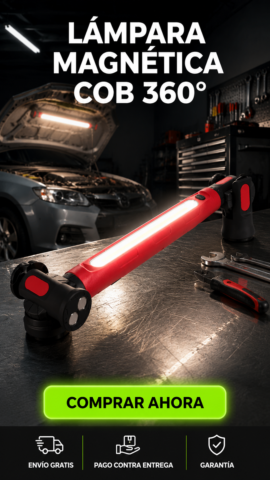 Lámpara Magnética COB 360°-Ilumina cualquier trabajo con las manos completamente libres.