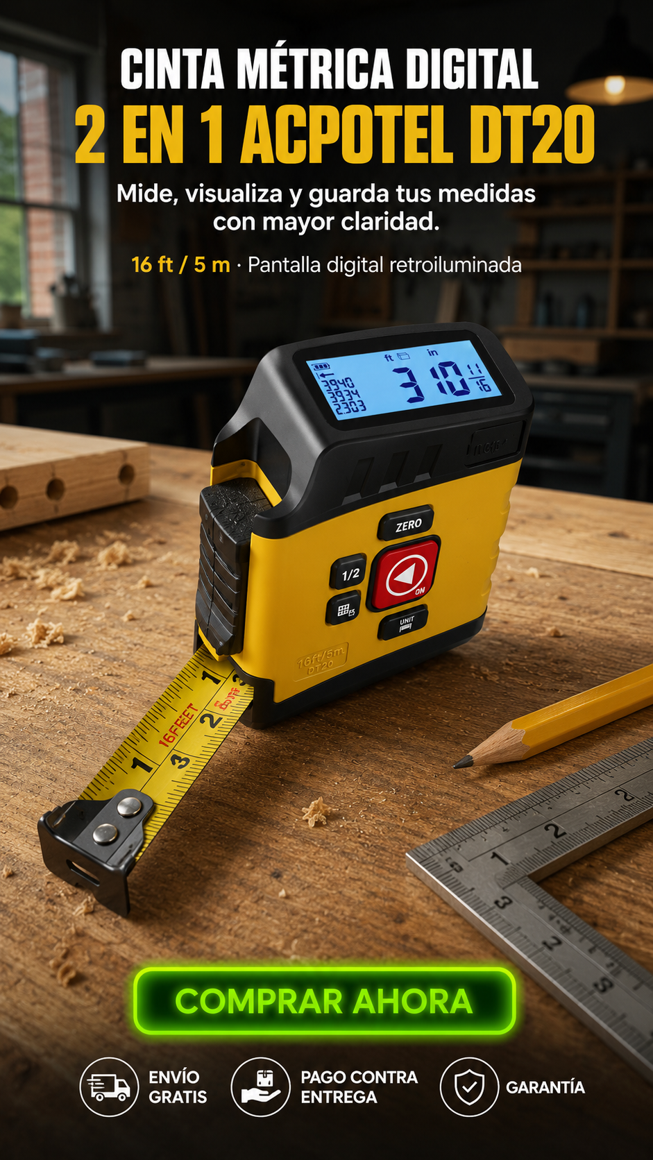 CINTA MÉTRICA DIGITAL 2 EN 1 ACPOTEL DT20-Mide con precisión, lee al instante y guarda cada medida.