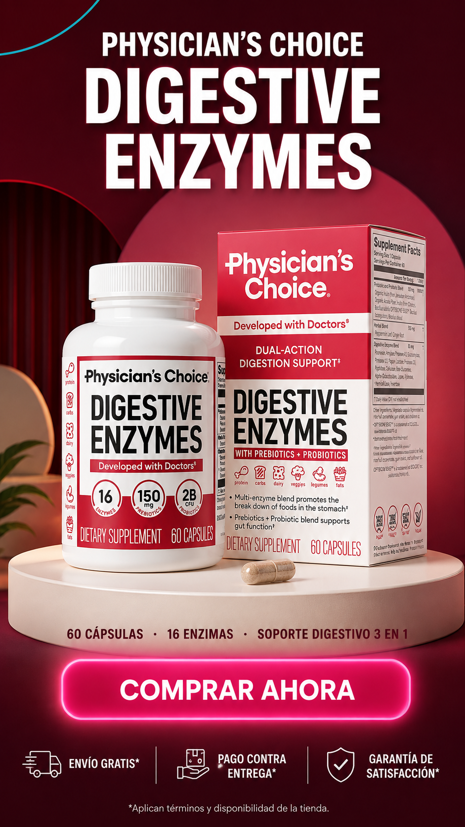 Physician's Choice Digestive Enzymes-Soporte digestivo 3 en 1 con 16 enzimas, prebióticos y probióticos.