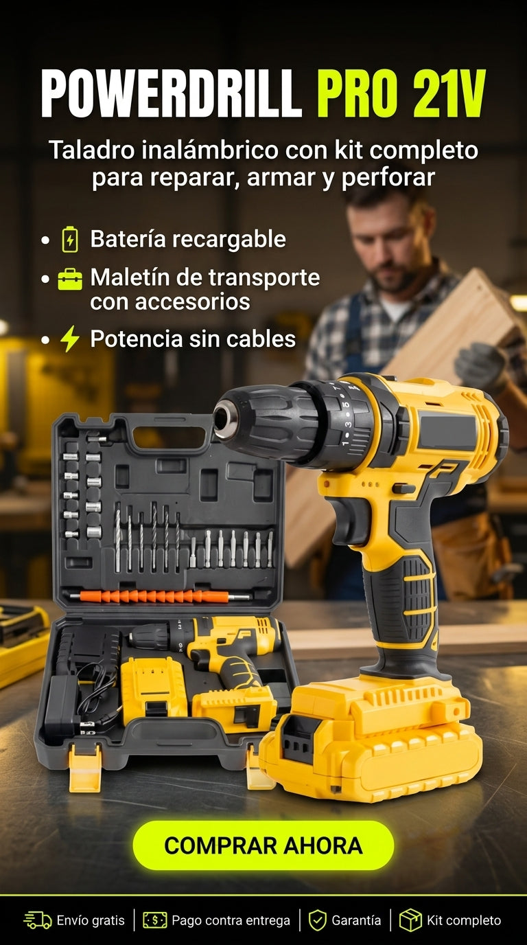 "POWERDRILL PRO 21V"-Taladro inalámbrico con kit completo para reparar, armar y perforar"
