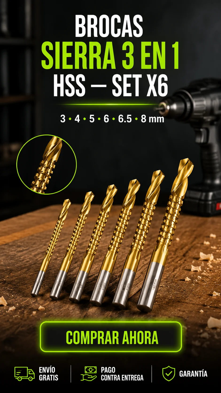 Brocas Sierra 3 en 1 HSS — Set X6-Perfora, amplía y ranura con una sola herramienta.